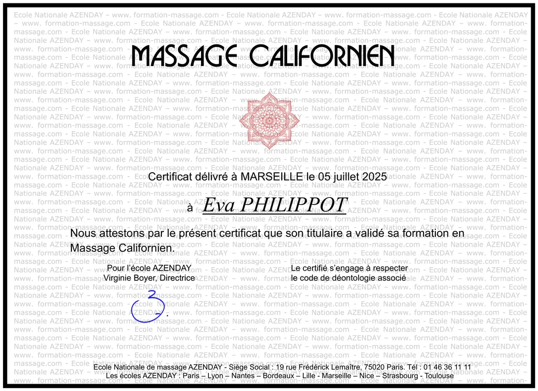 Certificat de massage californien, École Nationale Azenday Marseille, juillet 2025