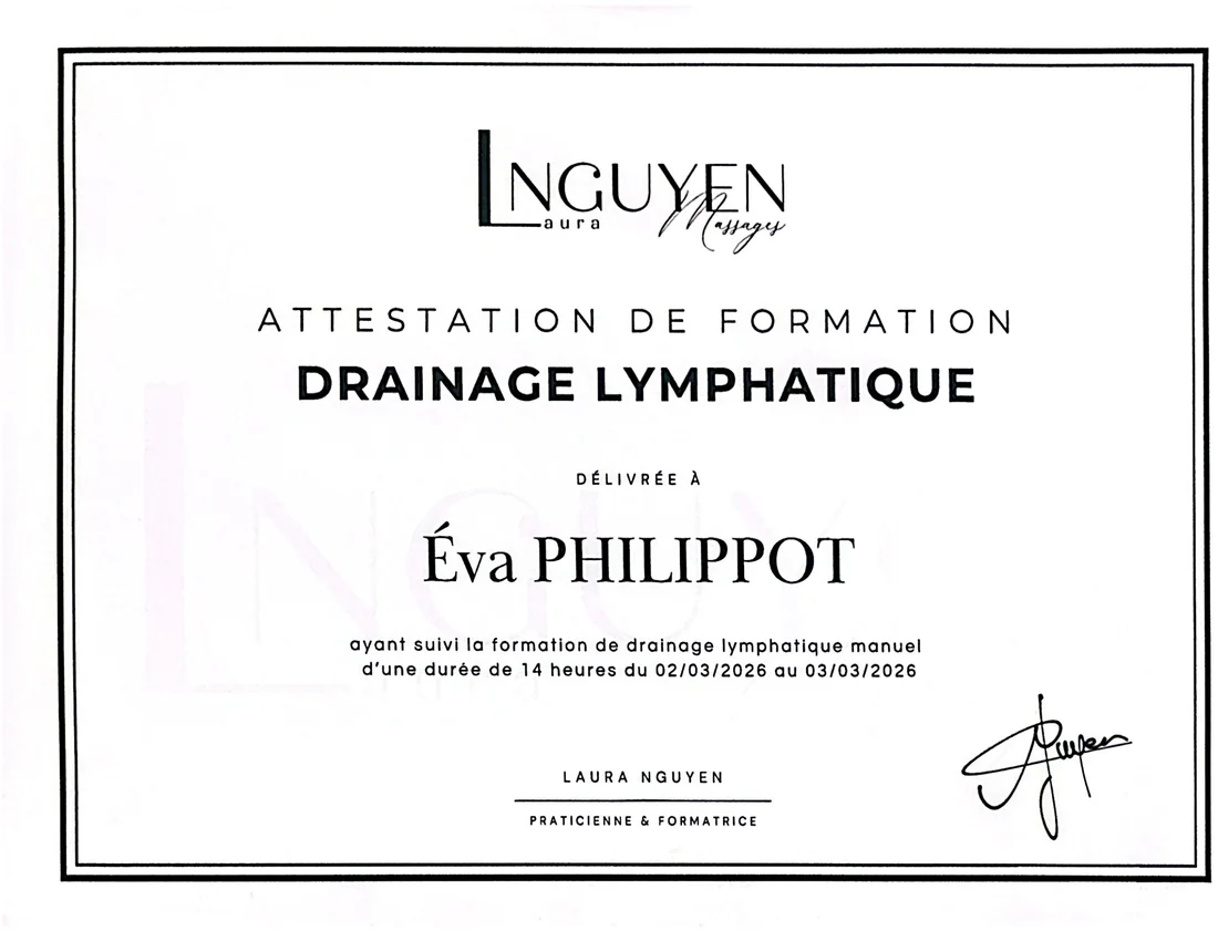 Attestation de formation en drainage lymphatique manuel, Laura Nguyen Massages, mars 2026